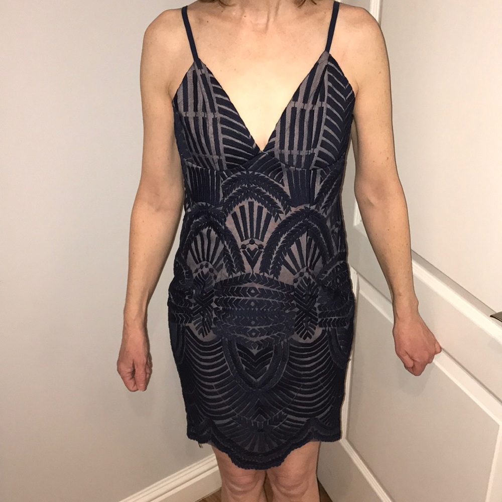 Navy and tan lace dress